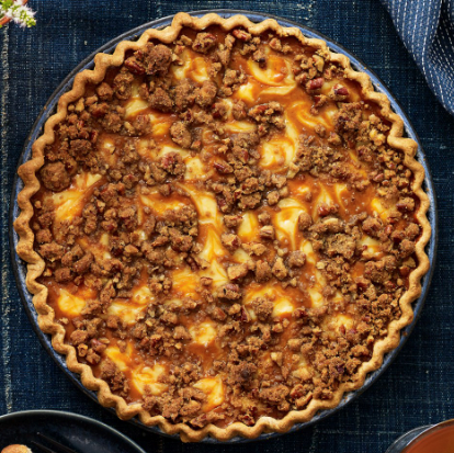 Pumpkin cream cheese pie with pecan streusel