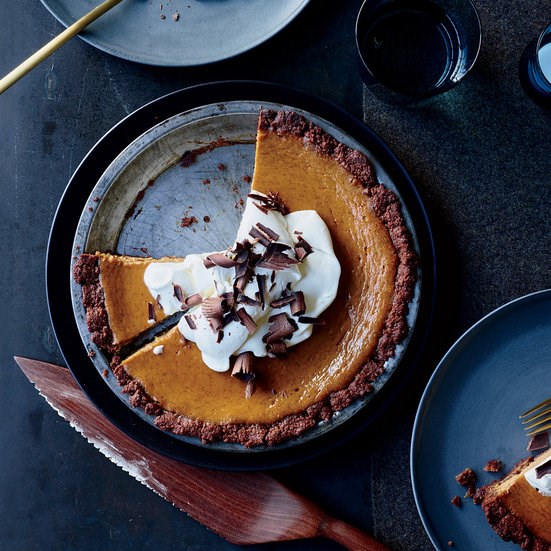 Pumpkin cream pie in a chocolate crust