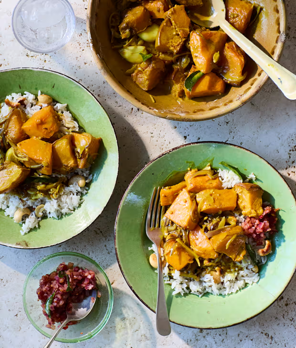 Pumpkin curry fried rice with katta sambol