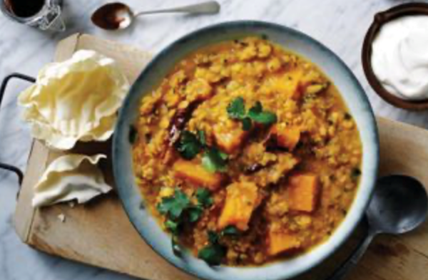 Pumpkin dal with rice and papadums