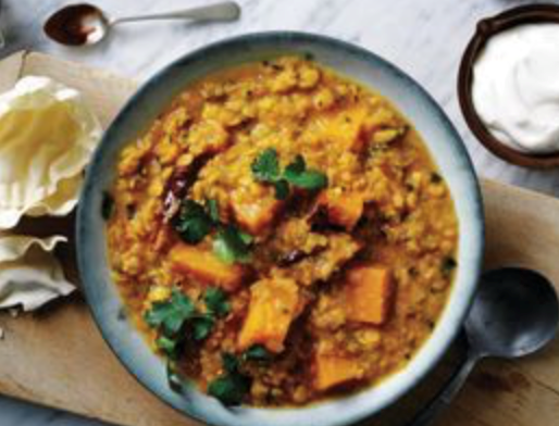 Pumpkin dal with rice and pappadams
