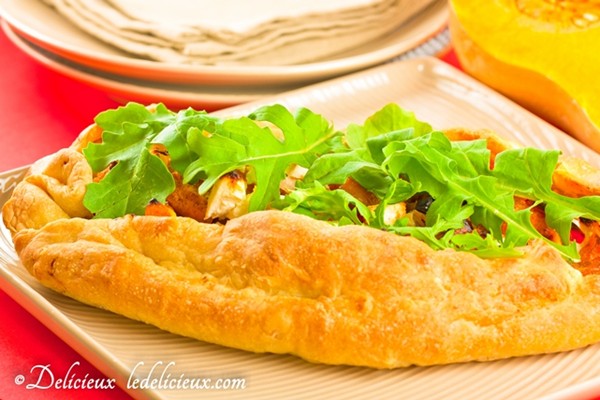 Pumpkin, feta, chili & onion Turkish pide