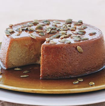Pumpkin flan with spiced pumpkin seeds