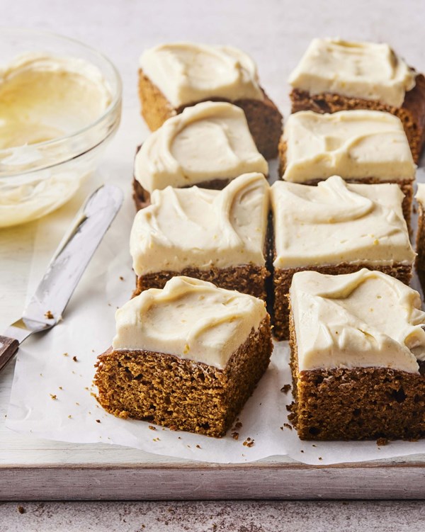 Pumpkin gingerbread squares with spiced cream cheese frosting