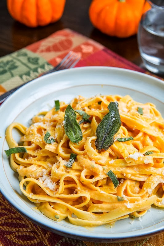 Pumpkin goat cheese fettuccine Alfredo with crispy fried sage