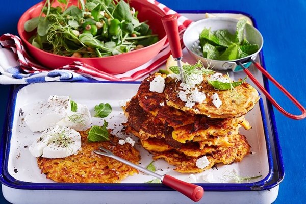 Pumpkin hash browns with broad bean salad