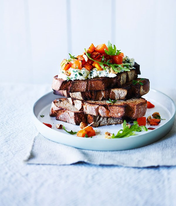 Pumpkin, herbed ricotta and hazelnut bruschetta