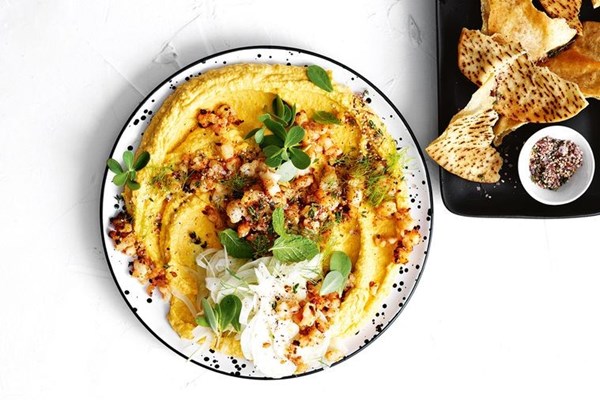 Pumpkin hummus with minced prawns and za'atar (Paul Wilson)