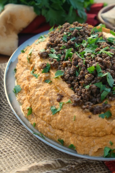 Pumpkin hummus with spiced lamb