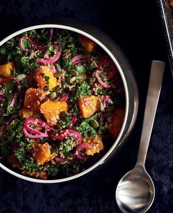 Pumpkin, kale & quinoa salad with creamy hemp-seed dressing