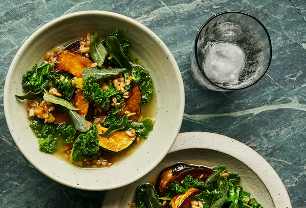 Pumpkin, kale, and spelt broth with fried sage