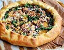 Pumpkin, kale and walnut galette with pancetta and onion jam