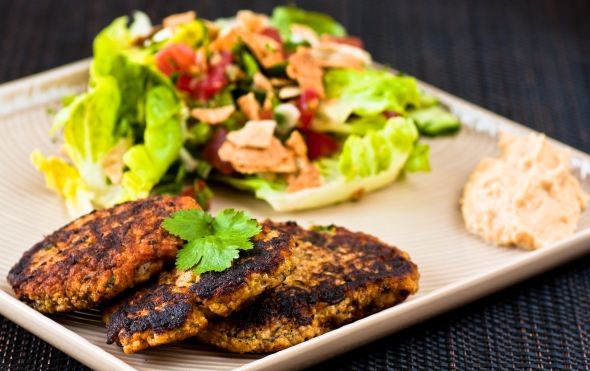 Pumpkin kibbee, fattoush and hummus