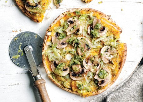 Pumpkin, leek, and mushroom pitzas