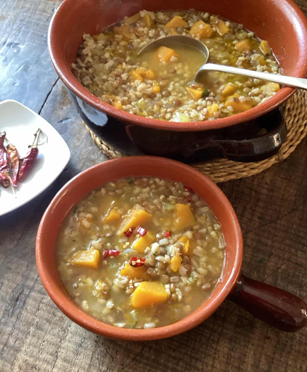Pumpkin, lentil and barley soup