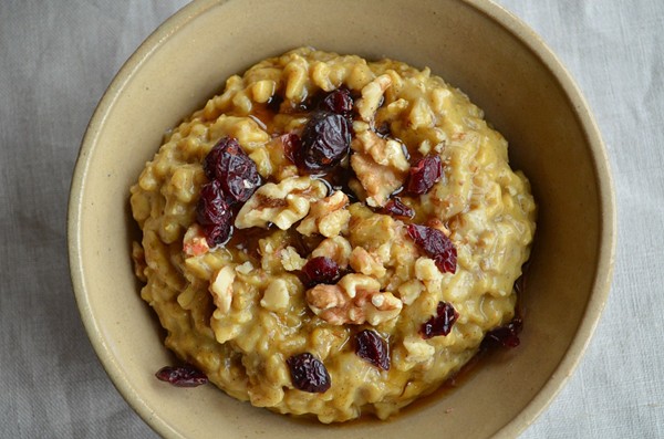 Pumpkin oatmeal with toasted walnuts and cranberries