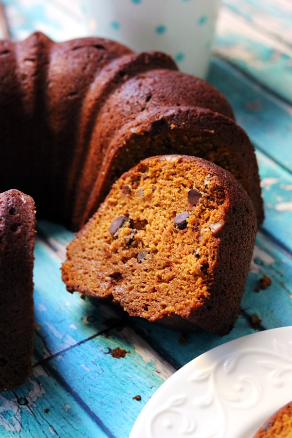 Pumpkin olive oil bundt cake with chocolate and pecans
