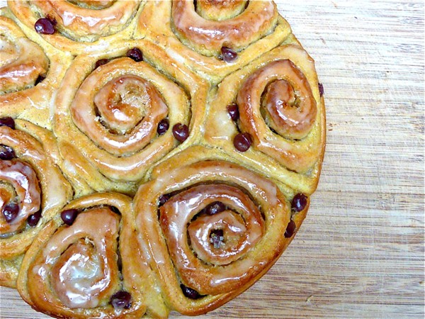 Pumpkin orange cinnamon rolls with chocolate chips (with orange sugar butter and orange maple glaze)
