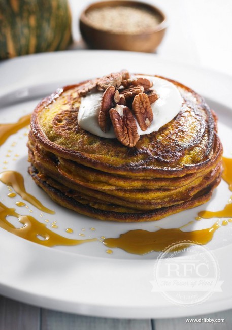Pumpkin pancakes with maple syrup and coconut yoghurt