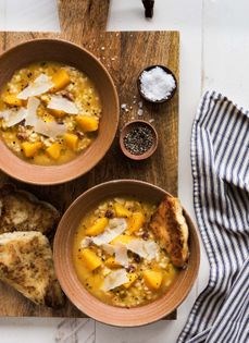 Pumpkin, pancetta, and Arborio rice soup