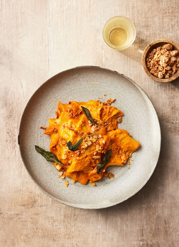 Pumpkin pasta with crispy amaretti and pancetta crumbs
