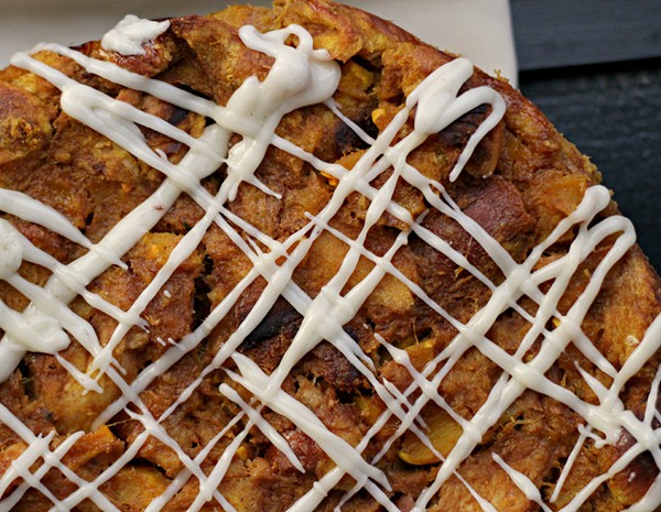 Pumpkin pie bread pudding with bourbon icing