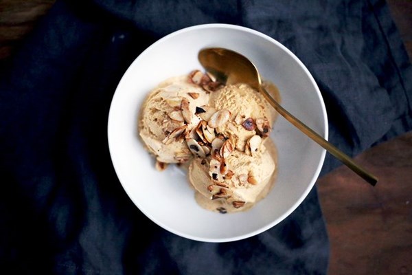 Pumpkin pie ice cream with brown butter pie crust swirl & almond-maple crunch