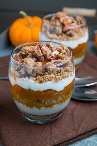 Pumpkin pie quinoa parfait with gingersnap pecan streusel