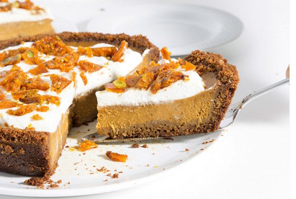 Pumpkin pie with graham cracker crust and pepita-sage brittle