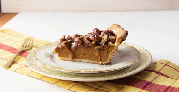 Pumpkin pie with pecan praline topping