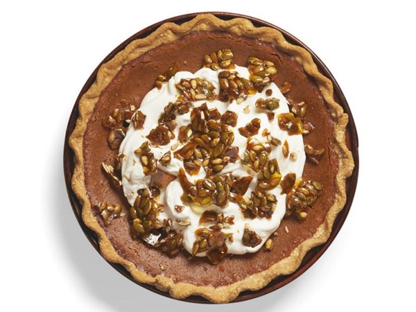 Pumpkin pie with pumpkin seed brittle