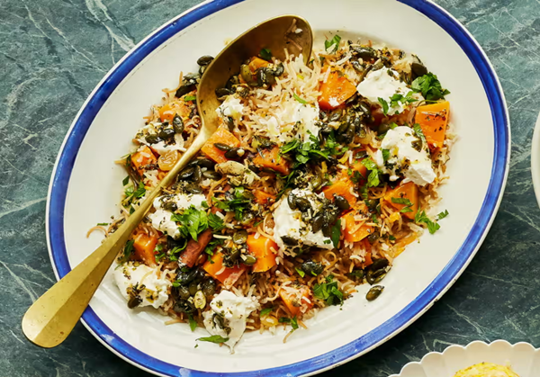Pumpkin pilaf with labneh, seeds and brown butter