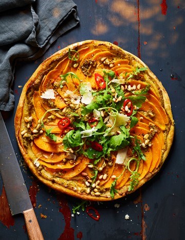 Pumpkin, pine nut and chilli pesto tart