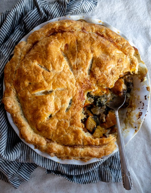Pumpkin pot pie with sausage and kale