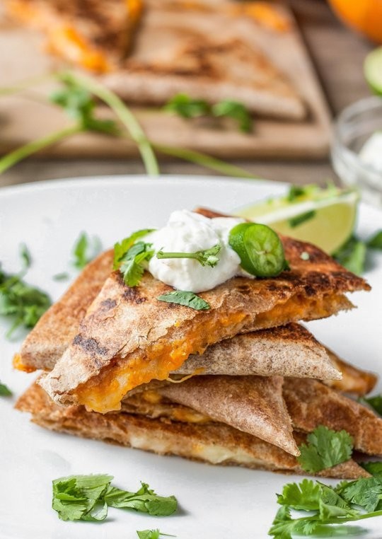 Pumpkin quesadillas with lime-jalapeño yogurt