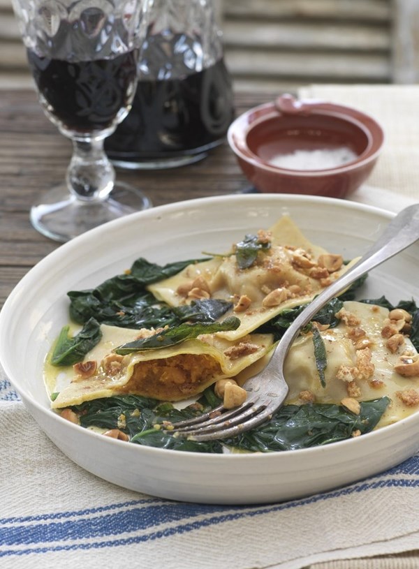 Pumpkin ravioli with brown butter, sage and hazelnuts