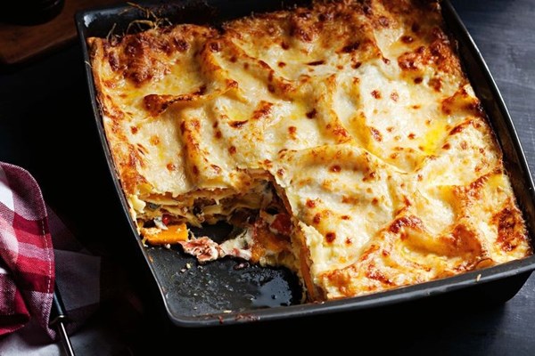 Pumpkin, ricotta & prosciutto lasagne with chilli