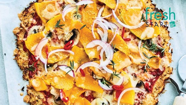 Pumpkin, rosemary, chilli and mozzarella pizza with a cauliflower crust base