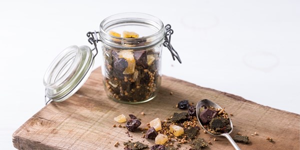 Pumpkin seed and nori crisp scroggin with sour cherries and dark chocolate
