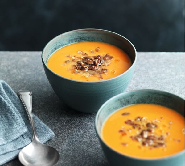 Pumpkin soup with maple-toasted seeds