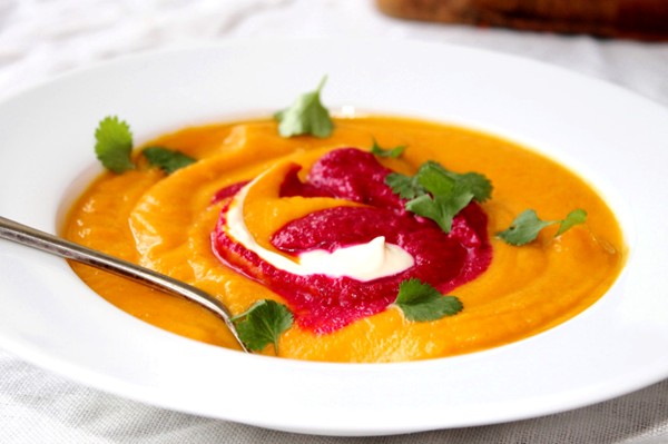 Pumpkin soup with roasted beetroot cream