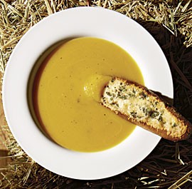 Pumpkin soup with sage and Gruyère croutons