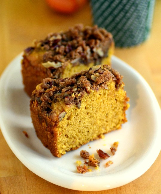 Pumpkin spice coffee cake with brown sugar pecan streusel