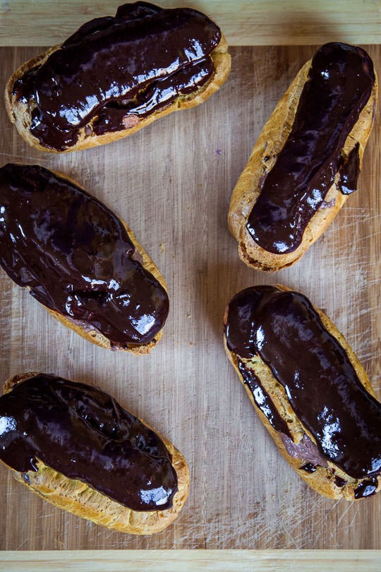 Pumpkin spice eclairs with chocolate beer pastry cream and ganache