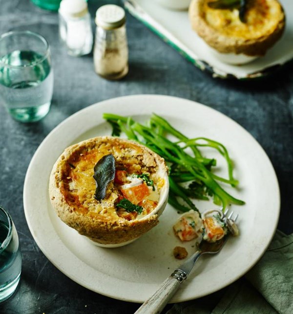 Pumpkin, Stilton and kale pies with walnut pastry