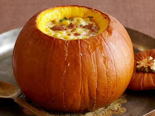 Pumpkin stuffed with Fontina, Italian sausage, and macaroni