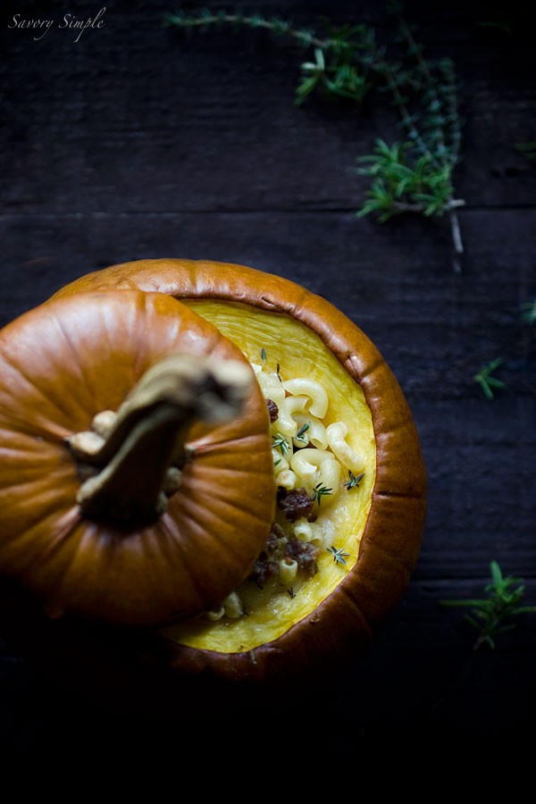 Pumpkin stuffed with Fontina, Italian sausage and macaroni
