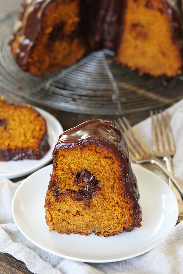 Pumpkin truffle bundt cake with chocolate ganache
