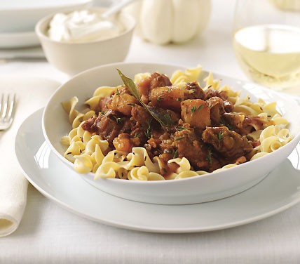Pumpkin-turkey "ghoulash" with caraway noodles