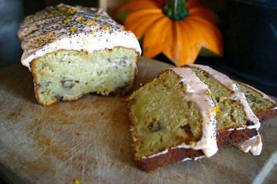Pumpkin, walnut and white chocolate loaf cake